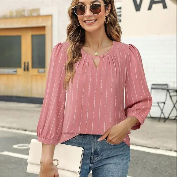 Women's Pink Stripe X-large Polyester V-neck - Picture 3 of 6